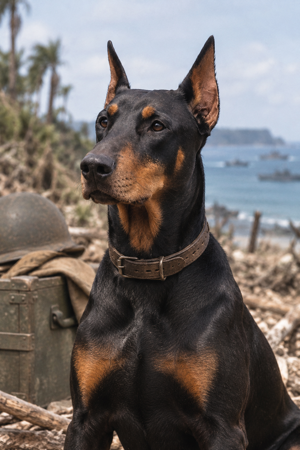 Historical rendering of Kurt, a Doberman Marine scout dog who served on Guam in 1944