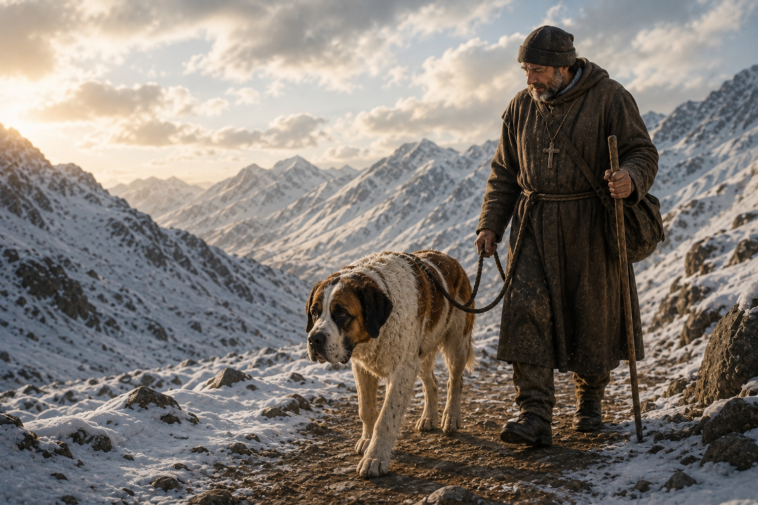 Historical reconstruction of an older Barry leaving the Alpine pass with a hospice brother