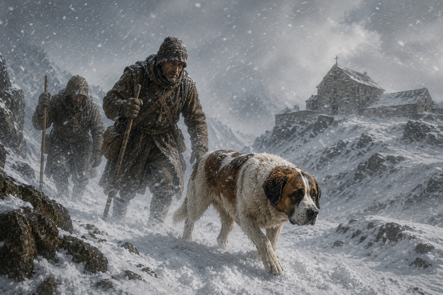Historical reconstruction of Barry accompanying hospice rescuers through an Alpine snowstorm