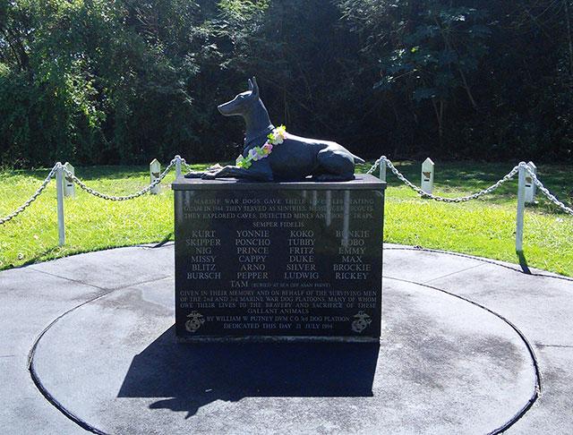 Always Faithful memorial on Guam, with a bronze likeness of Kurt above the names of Marine war dogs who died in the battle